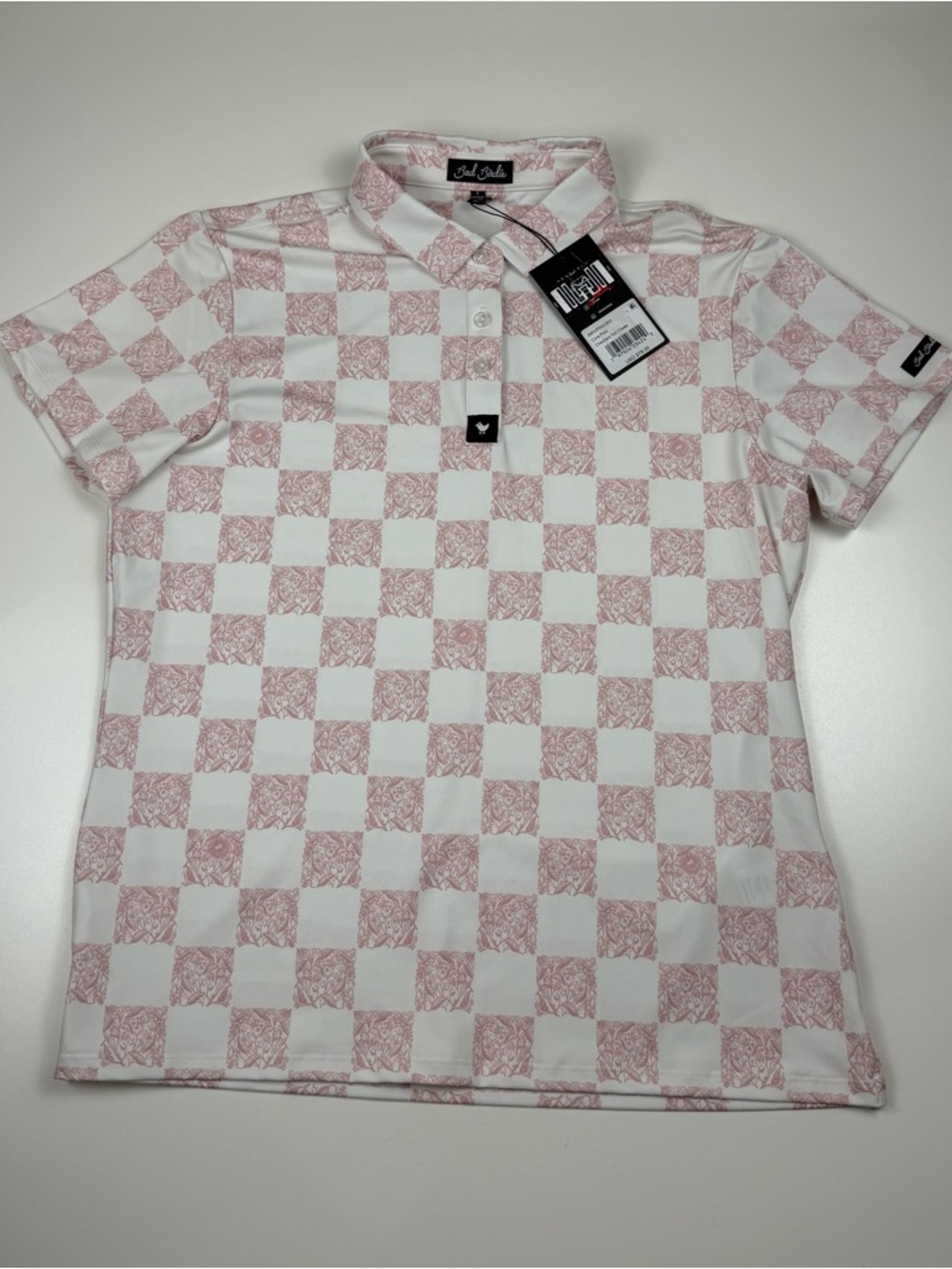 Bad Birdie Womens Golf Core Polo White Pink Checkers Not Chess Size Large NEW